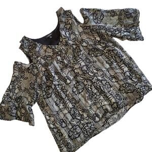 Roz & Ali Black White Lace Look Cold Shoulder Lined 3/4 Bell Sleeve Tunic 2X